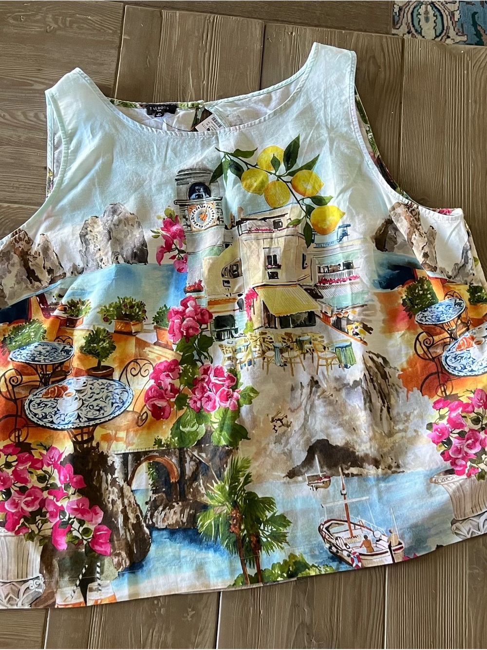 Talbots Sleeveless White Floral Mediterranean Print Top